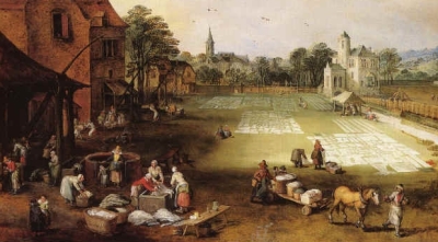 Bleaching ground by de Momper and Jan Brueghel II, early 17th C women washing and laundry on field beside town
