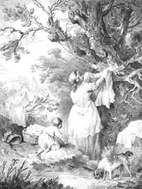 George Morland etching, 1792 woman spreads washing over tree and hedge