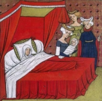 14th or 15th century French picture of bed showing head sheet, pillow, bolster, canopy etc.