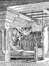 Late medieval French bed showing curtain rods hung from ceiling beams