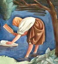 Painting of woman in river with washing paddle