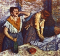 Two laundresses, one pressing iron onto cloth