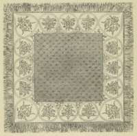 engraved drawing of square bedspread with quilted centre, embroidered sides, and fringed edging