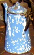 Splashes of white on blue coffee pot Vintage US enamel in agateware style