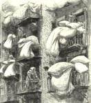 Black and white drawing with caricature elements showing feather ticks piled over balconies in urban New York