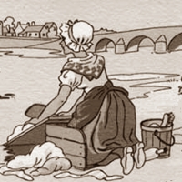 sketch of washerwoman kneeling in box
