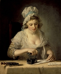 Laundry Maid with lace cap and collar using box iron
