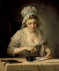 Laundry Maid Ironing, 18th century painting by Henry Morland Laundry Maid with lace cap and collar using box iron