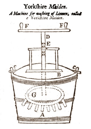 Yorkshire Maiden for washing linen, 1752 Wooden washing tub with lid, handle, dasher