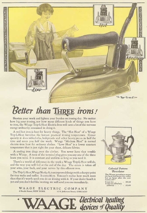 1920s ad for Waage electric iron Better than three irons ilustrated ad